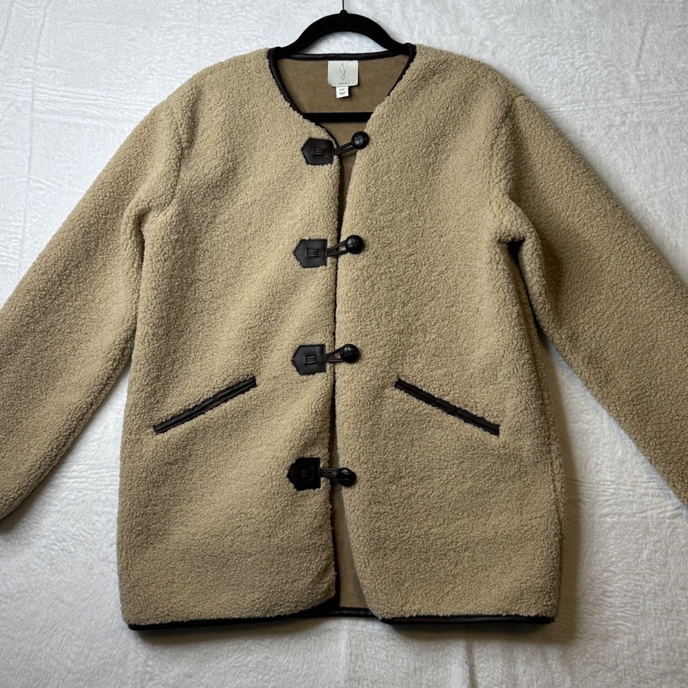 Joie Sherpa Fleece Toggle Jacket Tan Beige Faux Leather Trim Size S